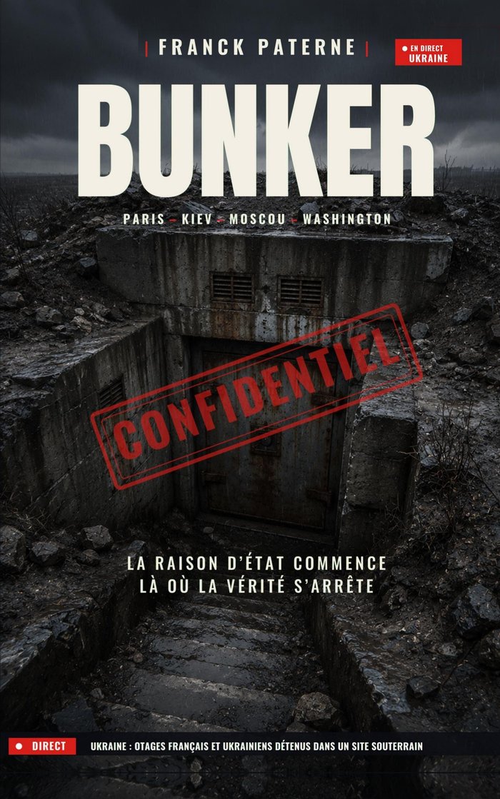 Couverture de BUNKER, roman de Franck Paterne : l'entrée d'un bunker soviétique sous un ciel d'orage, marquée du tampon rouge Confidentiel